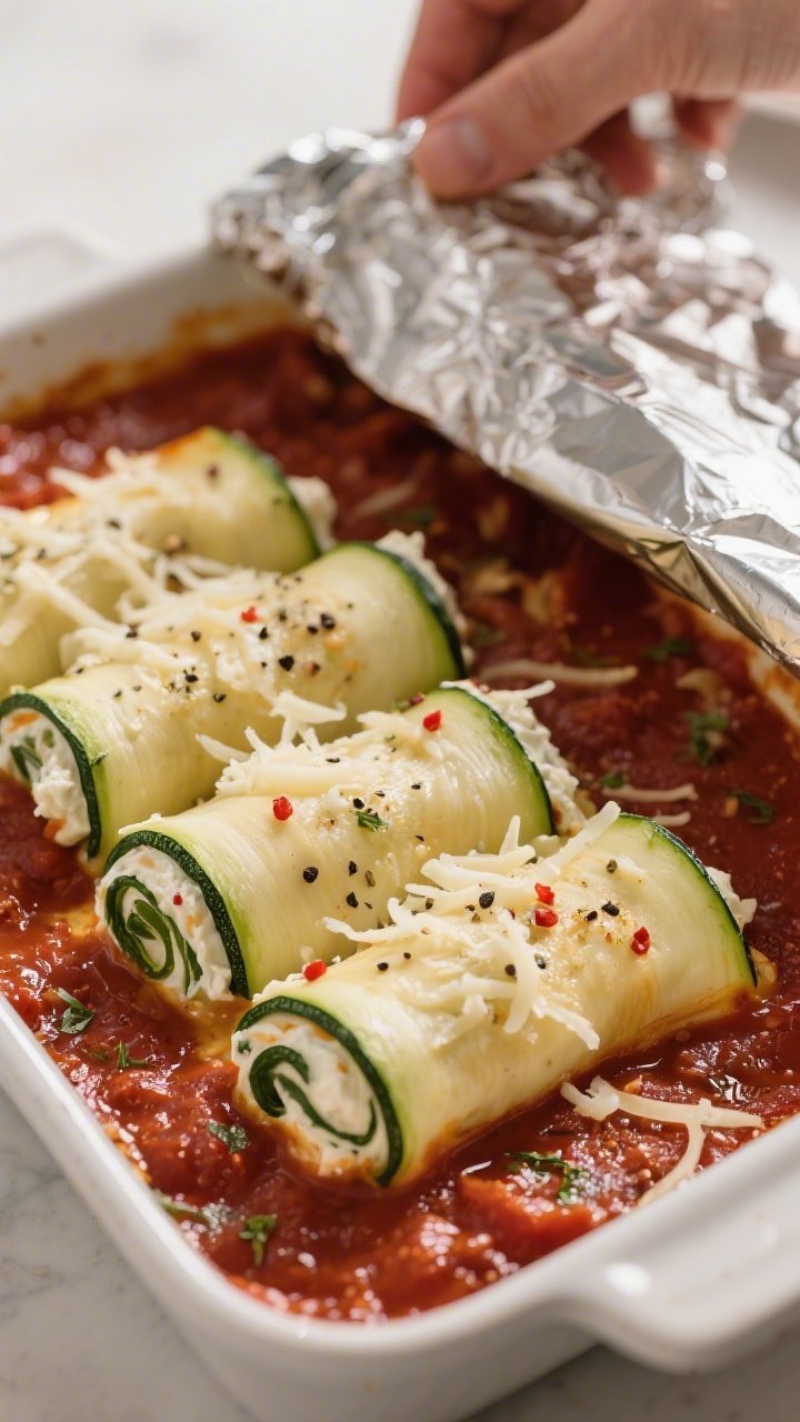 Cooking process close-up: Zucchini lasagna roll ups nestled seam-side down in a 9x13 baking dish, pa