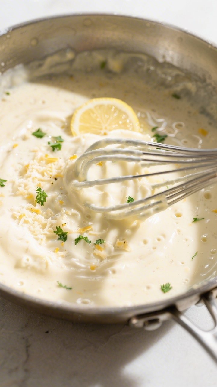 Cooking process: Creamy Alfredo sauce being whisked to silkiness—thick, glossy blend of heavy crea