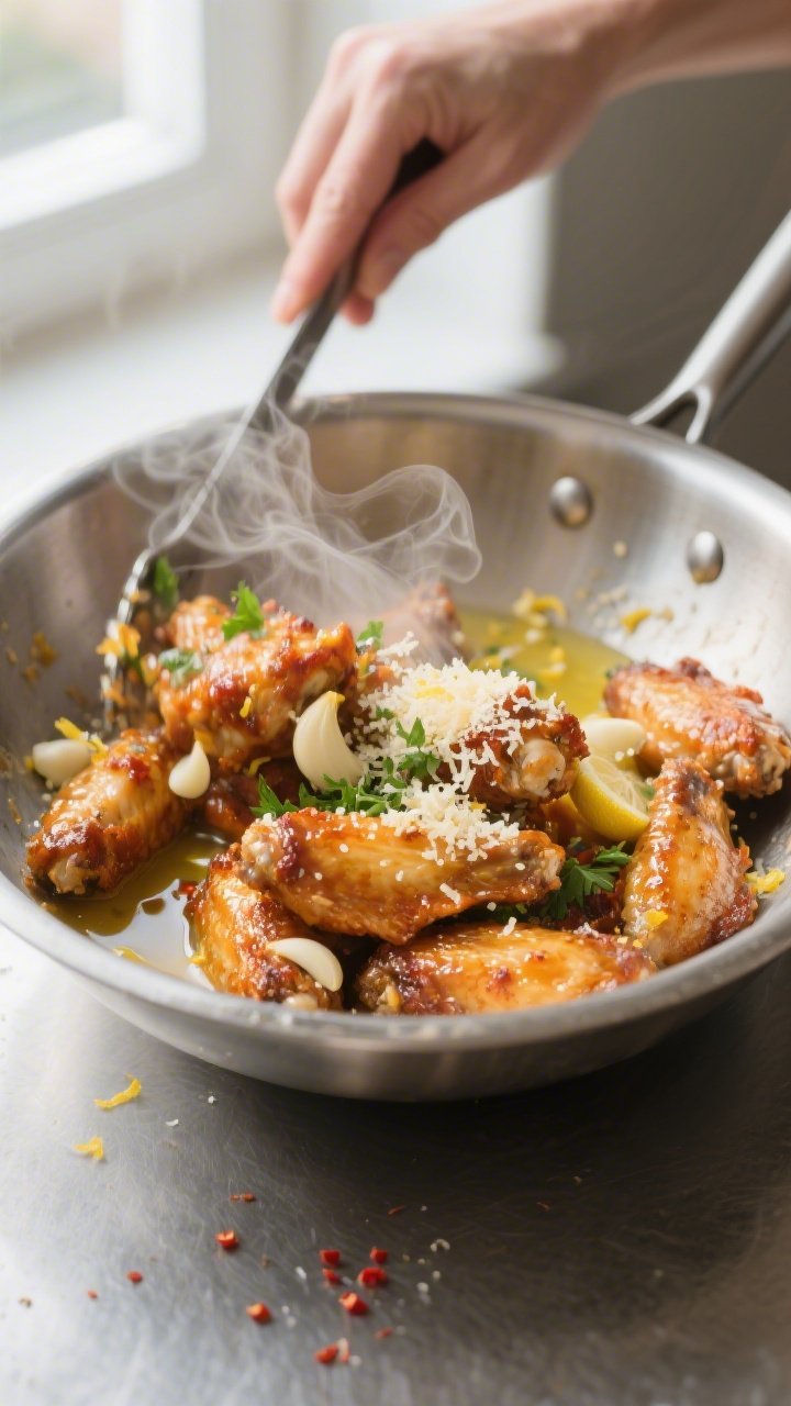 Cooking process: Hot wings in a large stainless bowl being tossed in warm garlic butter and finely g