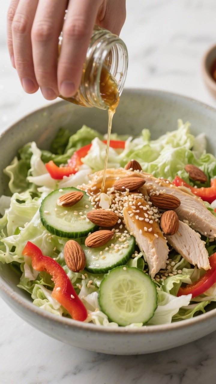 Cooking process: Keto Asian Chicken Salad being assembled in a large mixing bowl—prepared cabbage,