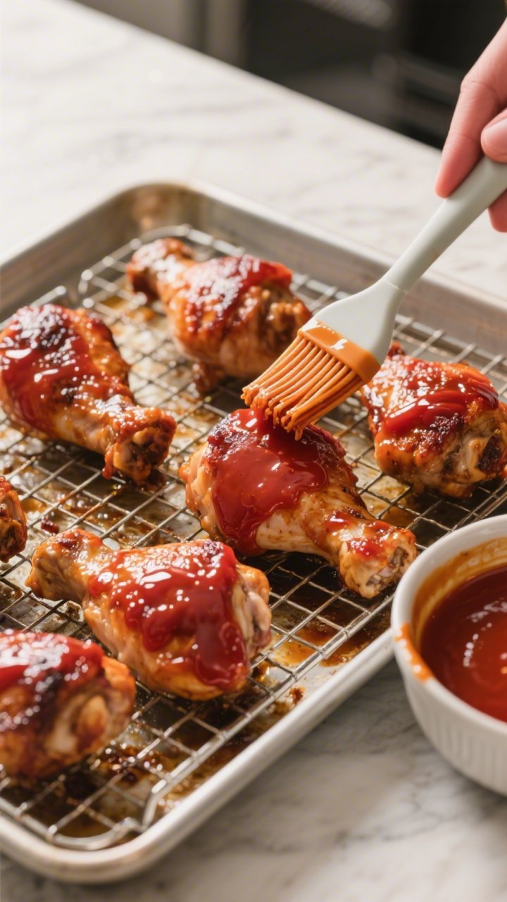 Cooking process: Mid-baste action shot of oven-baked chicken thighs on a wire rack over a rimmed she