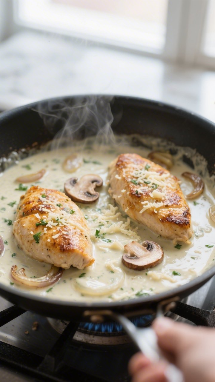 Cooking process, mid-simmer: Creamy ranch sauce bubbling gently in a large skillet, golden pan-seare