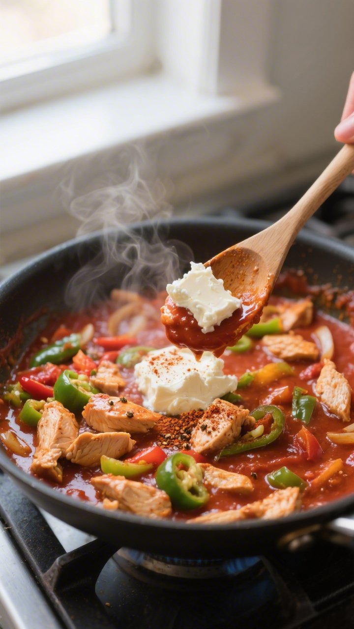 Cooking process: Mid-simmer scene of the skillet right after stirring in cream cheese to enrich the 