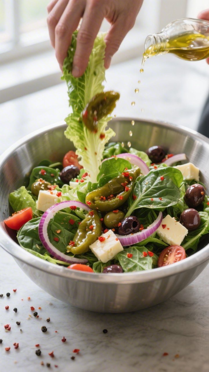 Cooking/process moment (assembly and tossing): The dressed Keto Antipasto Salad mid-toss in a wide s
