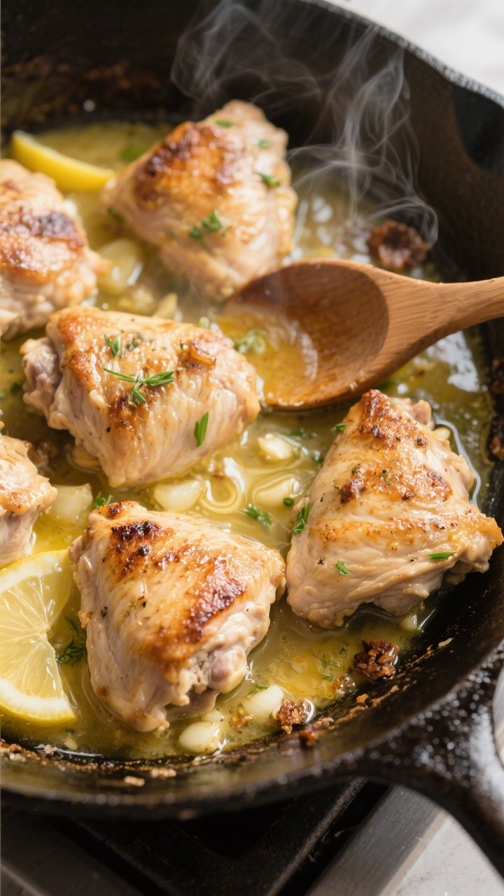 Cooking process: Overhead action shot of seared chicken thighs being nestled back into a cast-iron s