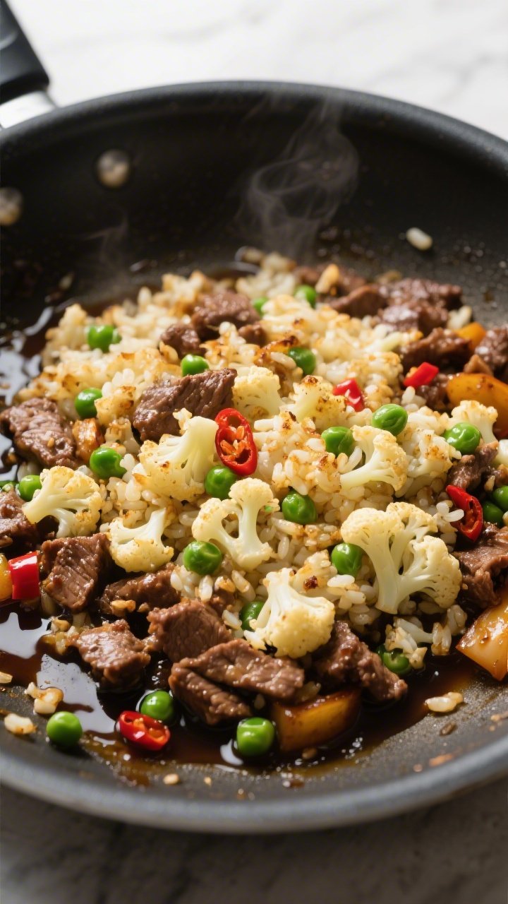 Cooking process overhead: Cauliflower rice just added and folded into the browned beef and veggies, 