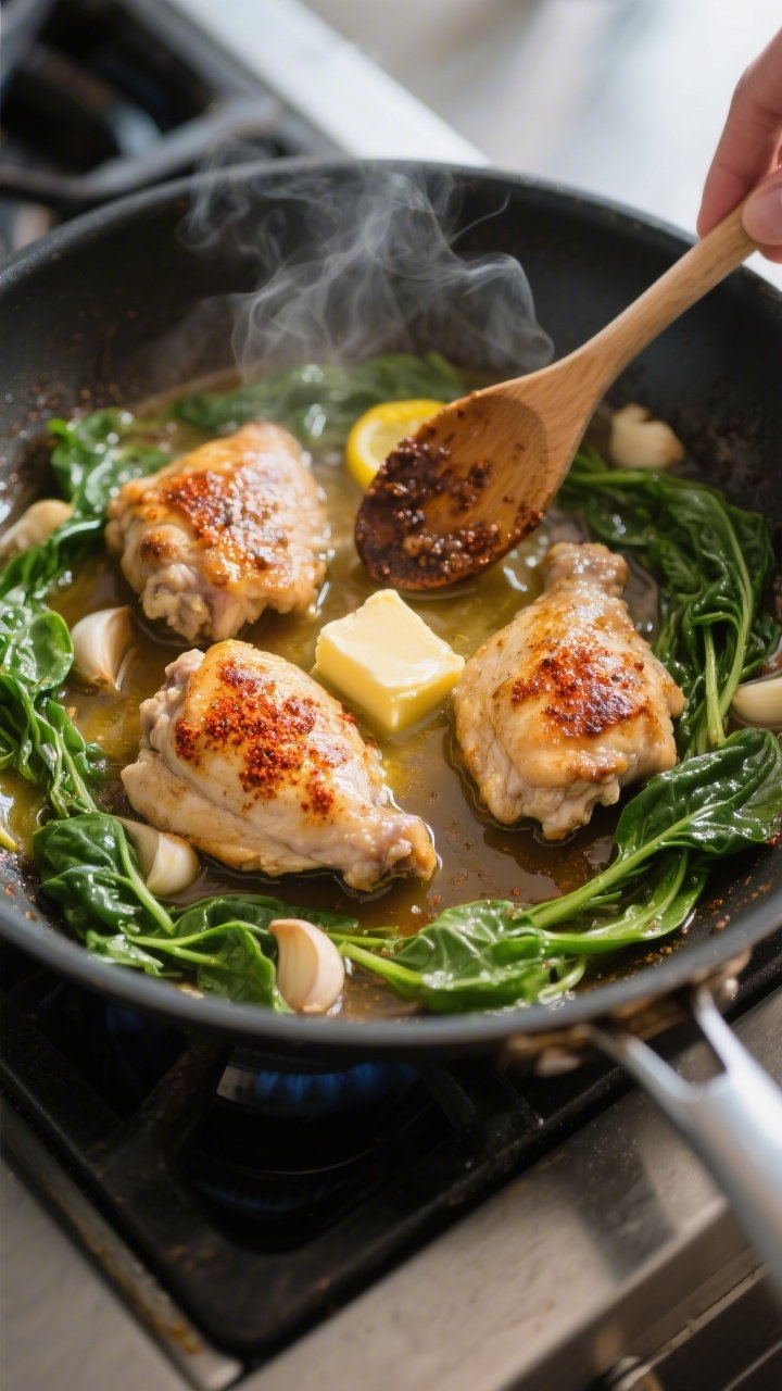Cooking process: Overhead shot of chicken being finished in the skillet—chicken thighs returned to