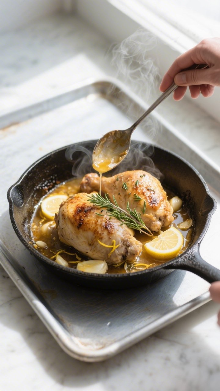 Cooking process: Overhead shot of chicken nestled back into a butter-garlic-lemon pan sauce just bef