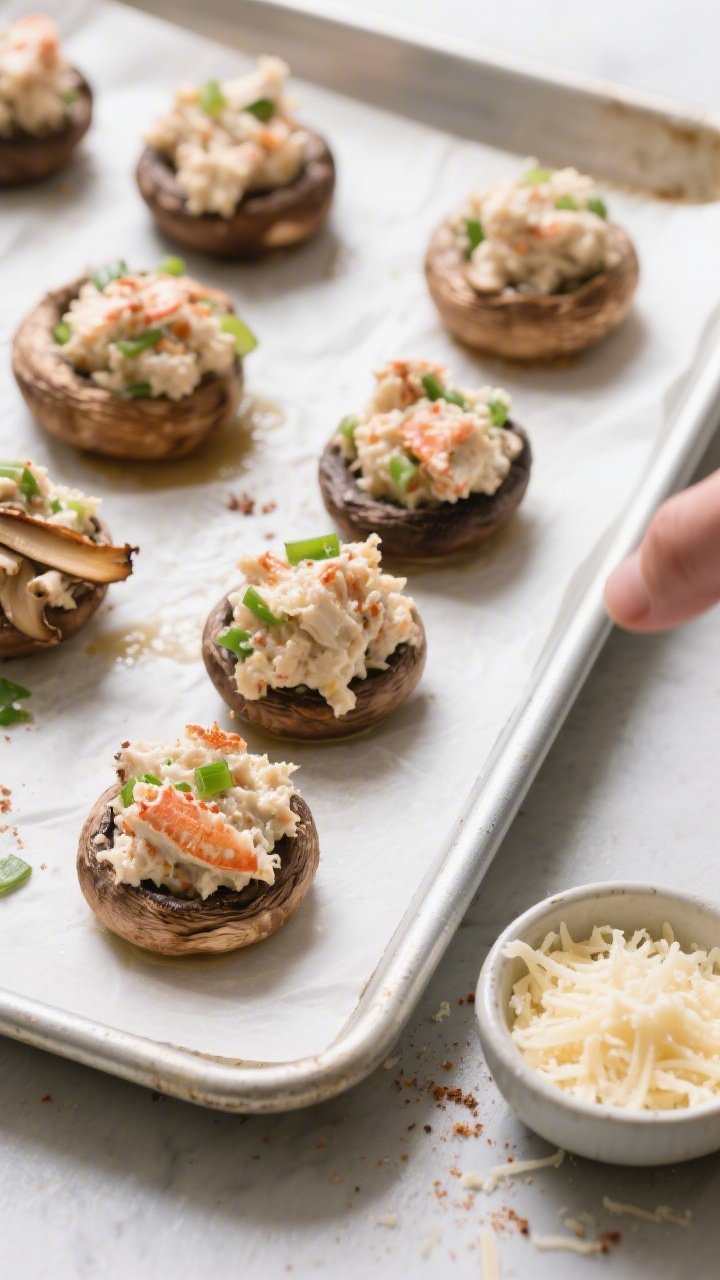 Cooking process: Overhead shot of mushroom caps being stuffed on a parchment-lined baking sheet—ca