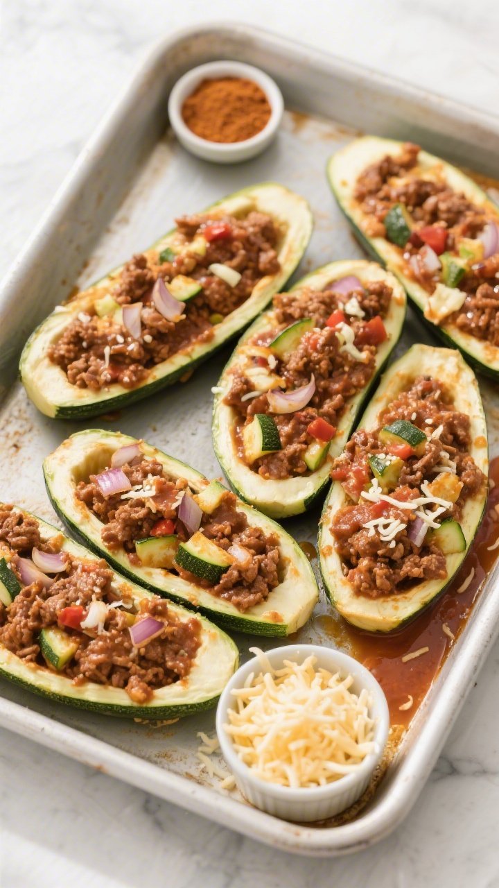 Cooking process: Overhead shot of par-baked zucchini boats being generously filled with thick, saucy