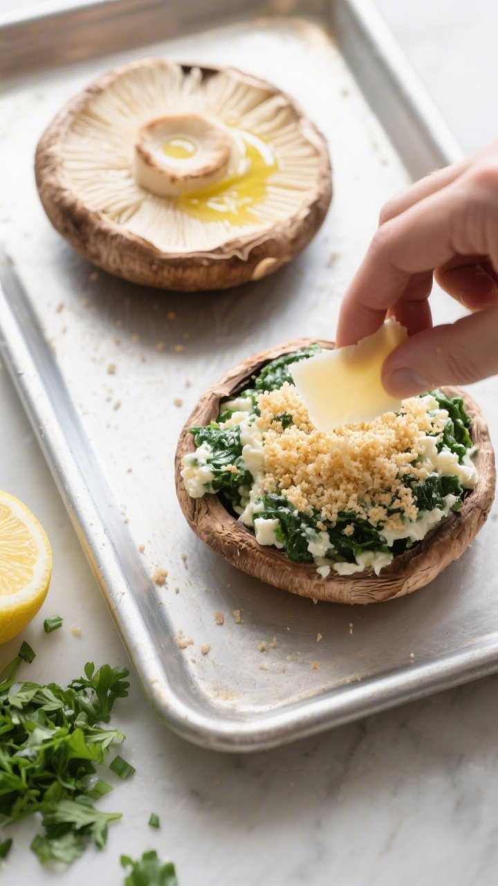 Cooking process: Overhead shot of pre-baked portobello caps being filled with the spinach-cheese mix