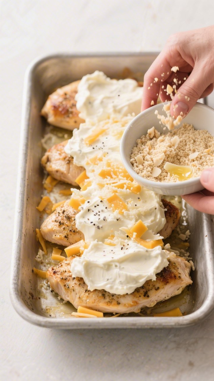 Cooking process: Overhead shot of seasoned chicken breasts in a greased 9x13 baking dish being gener