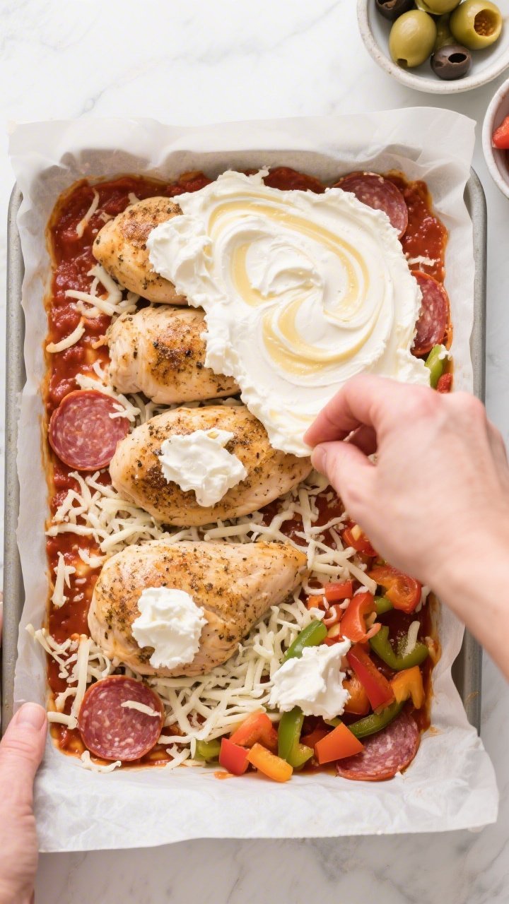 Cooking process: Overhead shot of seasoned chicken breasts in a 9x13 baking dish mid-assembly—gene