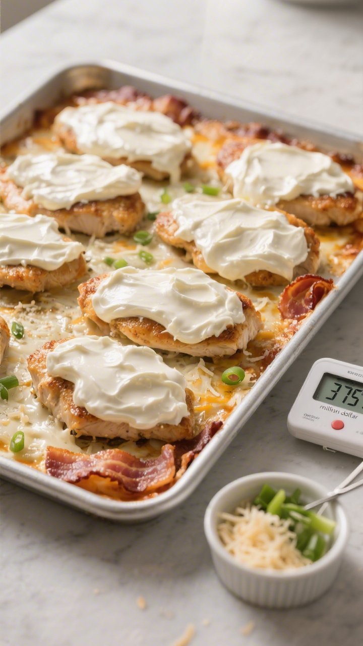Cooking process: Overhead shot of the assembled bake mid-oven, showing chicken cutlets arranged in a