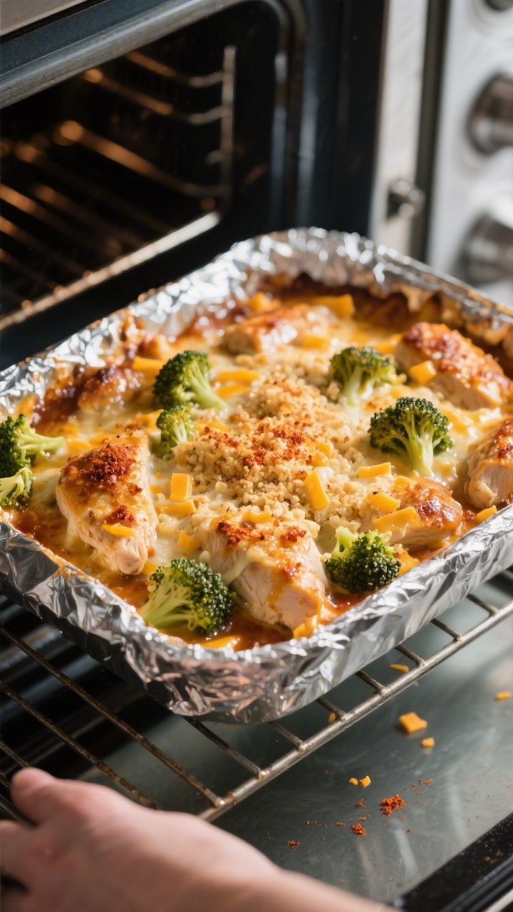 Cooking process: Overhead shot of the casserole mid-bake after foil removal, cheese beginning to bro