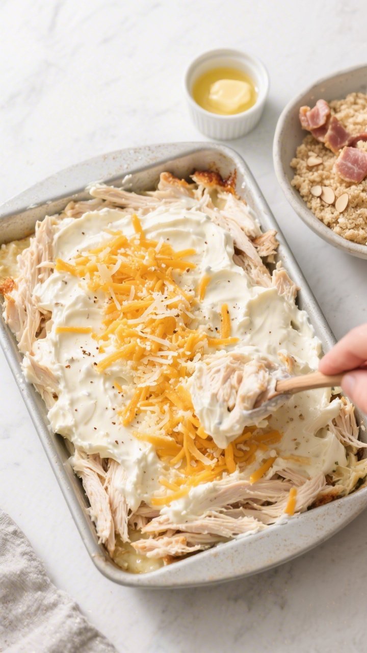 Cooking process: Overhead shot of the creamy chicken mixture being spread evenly into a greased 9x13