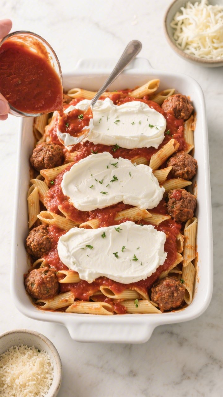 Cooking process: Overhead shot of the layering step in a 9x13 white baking dish—an even bed of sau