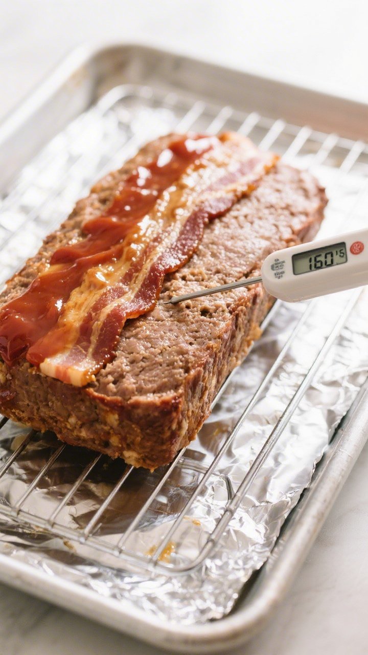 Cooking process: Overhead shot of the meatloaf mid-bake on the rack at 375°F, halfway glazed—one 