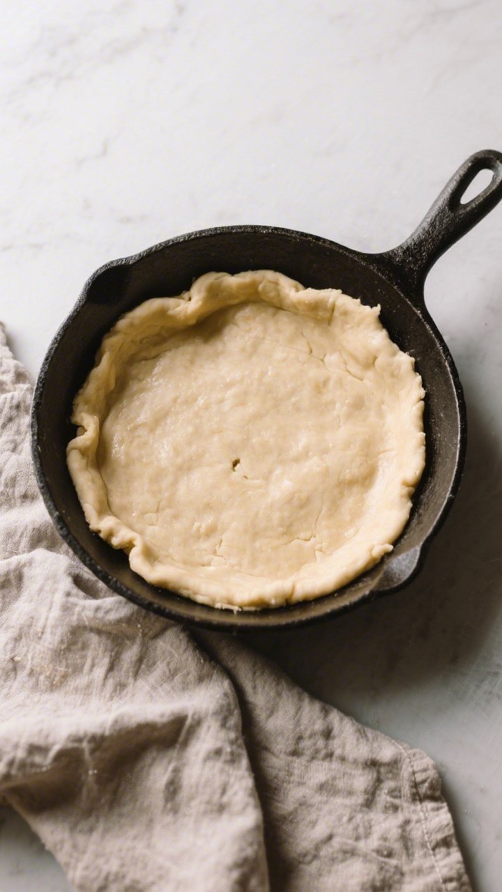 Cooking process: Overhead shot of the par-baked crust stage in a cast-iron skillet—crust pressed u