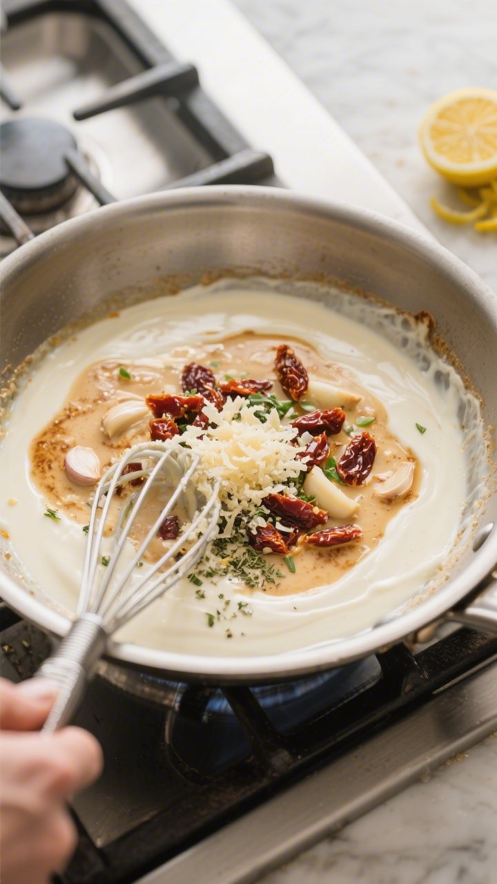 Cooking process: Overhead shot of the sauce-building stage in a wide skillet—silky heavy cream sim