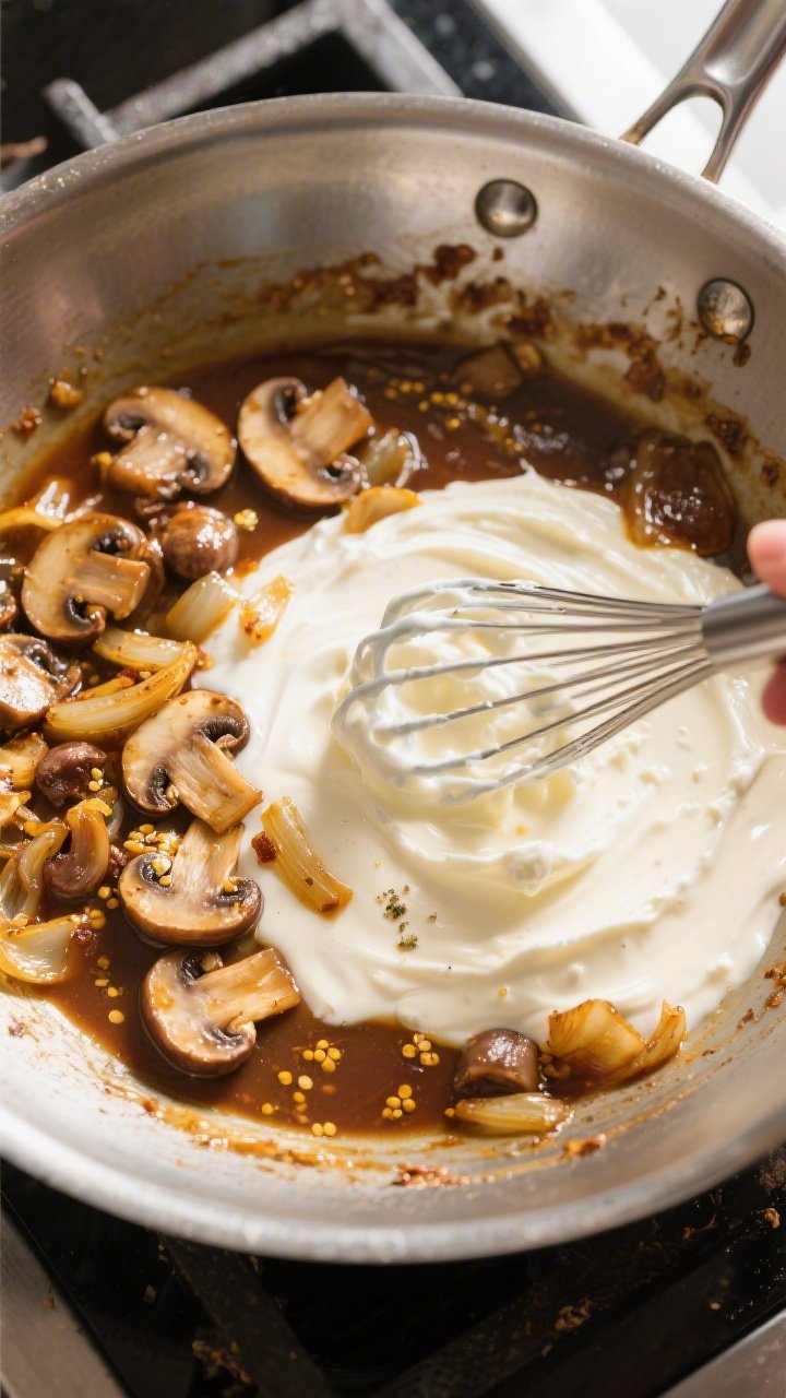 Cooking process: Overhead shot of the sauce-building stage in a wide stainless skillet—mushrooms a