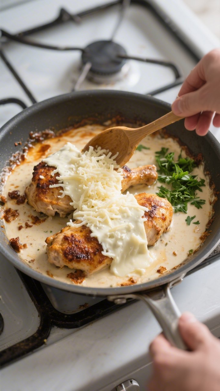 Cooking process: Overhead shot of the skillet just after the “nestle the chicken” step—juicy, 