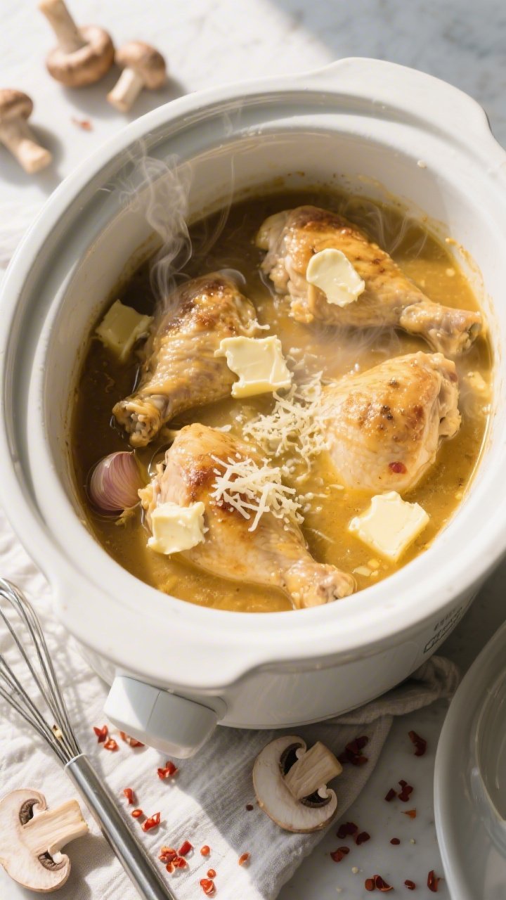 Cooking process: Overhead shot of the slow cooker just after thickening the sauce—chicken thighs n