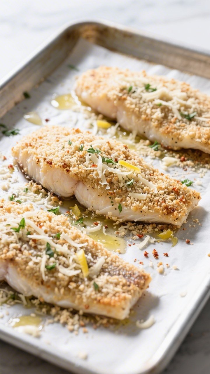Cooking process: Overhead shot of tilapia fillets on a lightly oiled sheet pan being coated with a c
