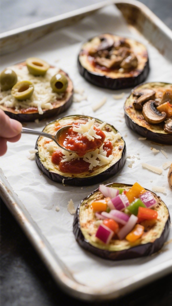 Cooking process: Pre-roasted eggplant rounds on a parchment-lined baking sheet being topped with a s