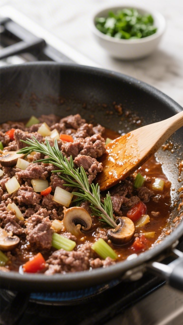 Cooking process: Savory meat filling simmering in a wide skillet—ground lamb with diced onion, cel