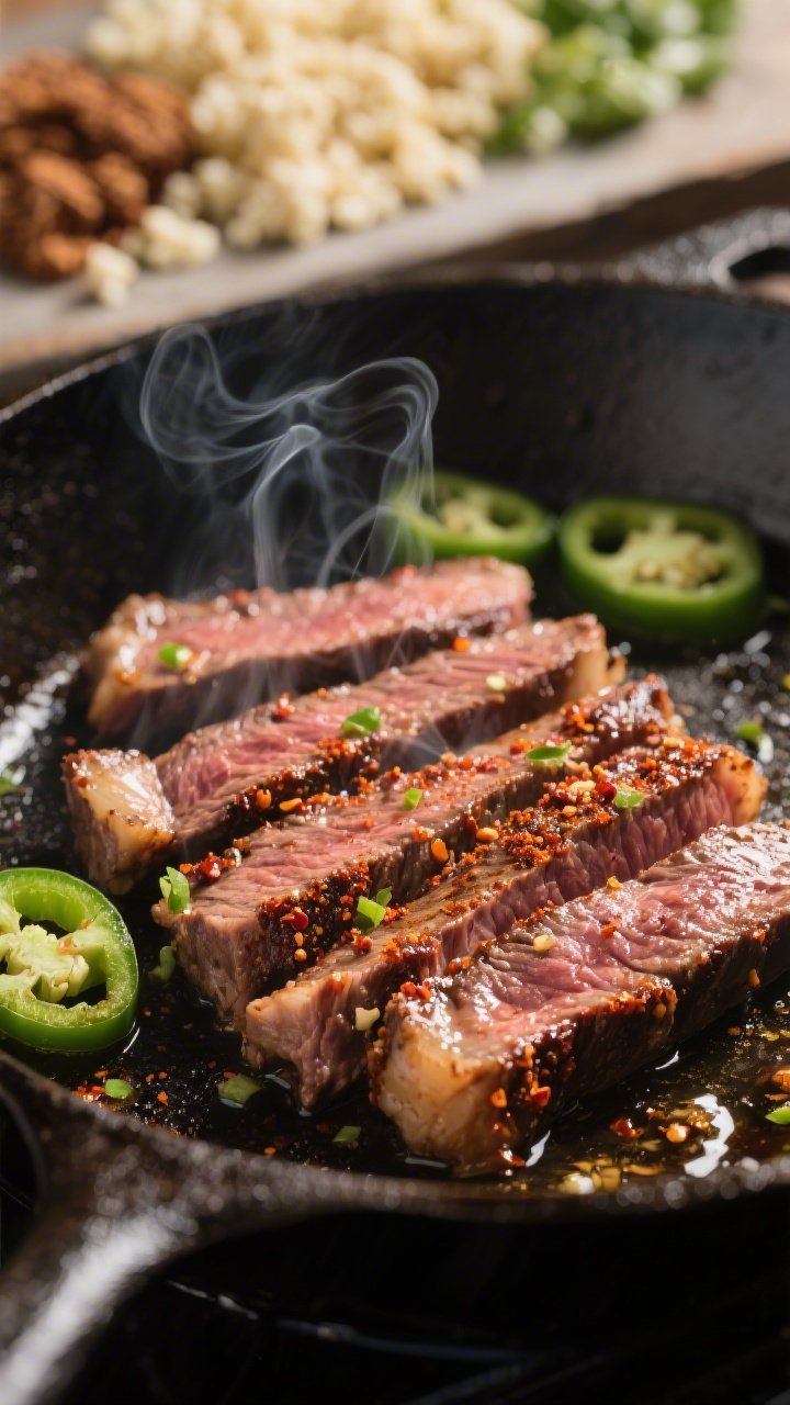 Cooking process — Searing steak for the Keto Street Taco Bowl: Thinly sliced skirt or flank steak 
