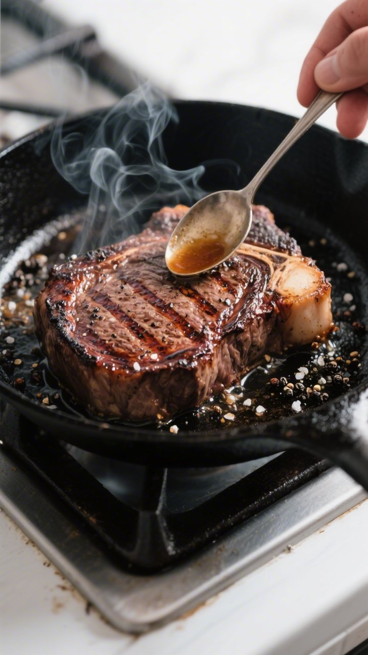 Cooking process — Searing steak on a blazing-hot cast-iron skillet: mid-cook shot of a ribeye with