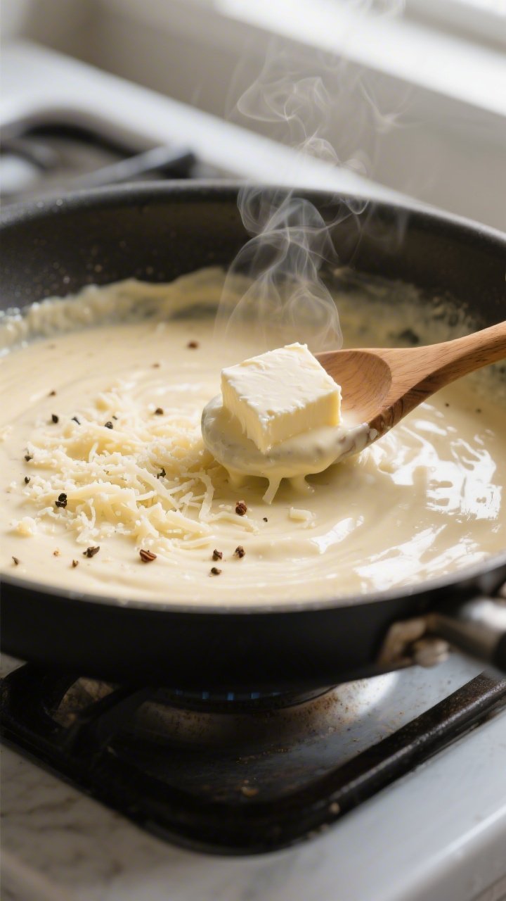 Cooking process shot of Alfredo sauce being finished in a skillet: smooth, thickened cream-butter-ga