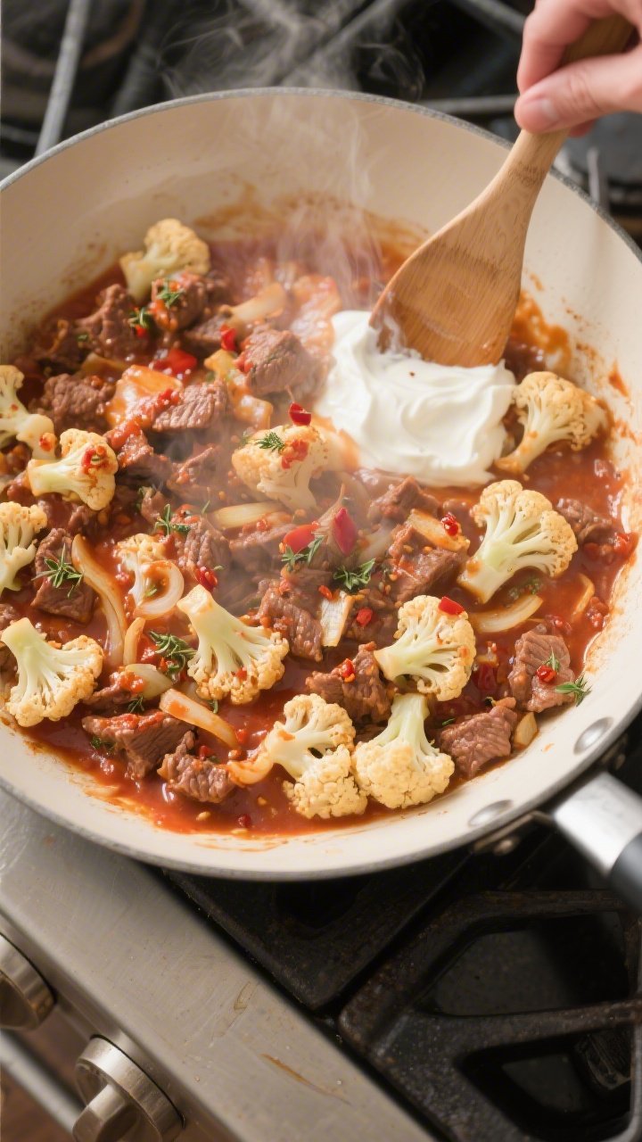 Cooking process shot: Overhead view of the saucy beef and cauliflower being gently folded together i