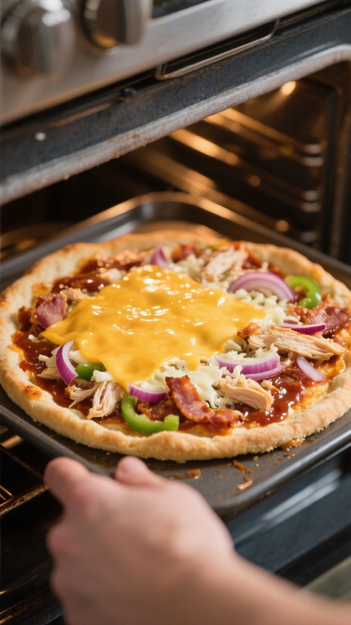 Cooking process shot: par-baked fathead crust just returned to the oven to finish, topped with a thi