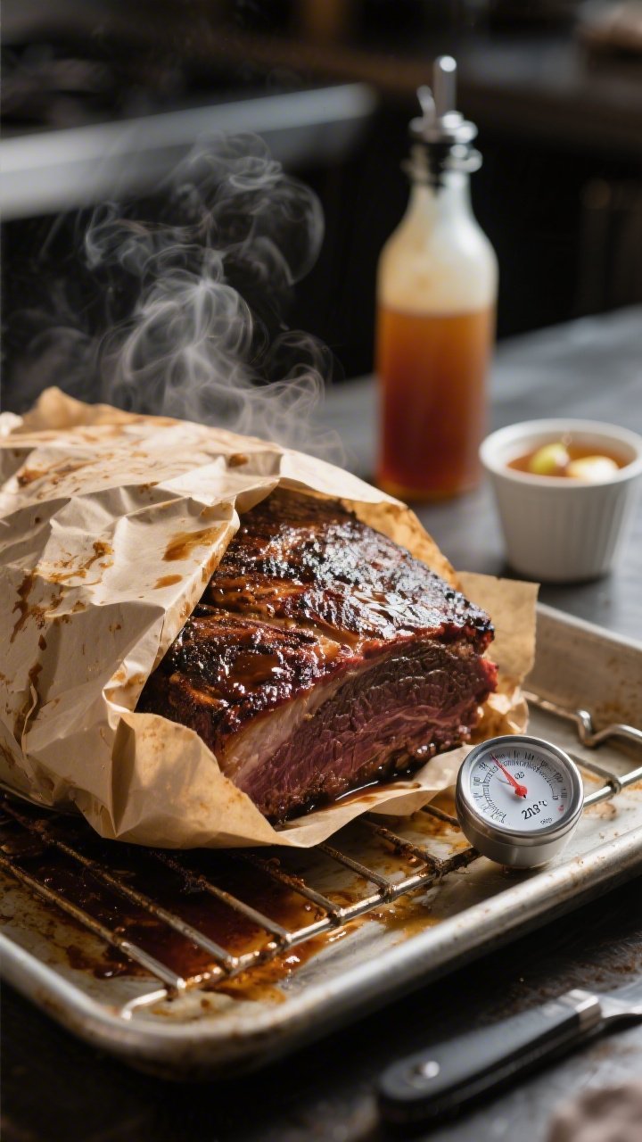 Cooking process shot: wrapped brisket being unwrapped after the rest, showcasing steam and the set b