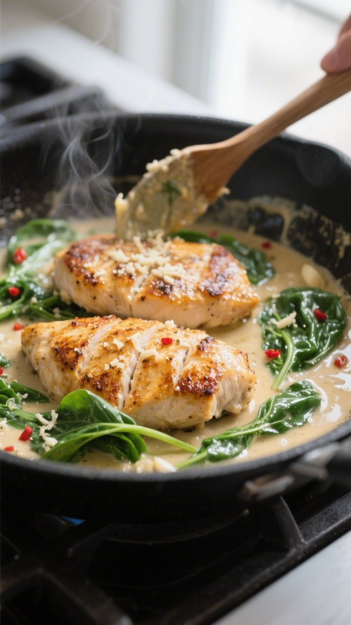 Cooking process, side angle close-up: Golden-seared chicken cutlets nestled in a skillet as creamy g