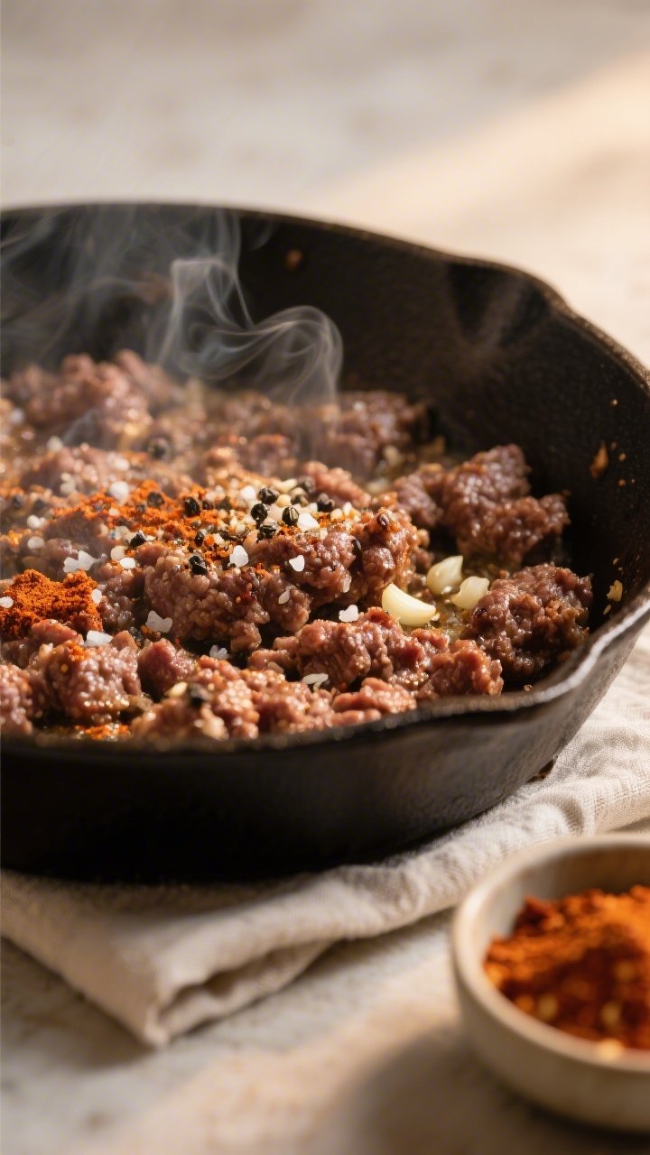 Cooking process – sizzling seasoned beef: Close-up of browned 80/20 ground beef in a cast-iron ski