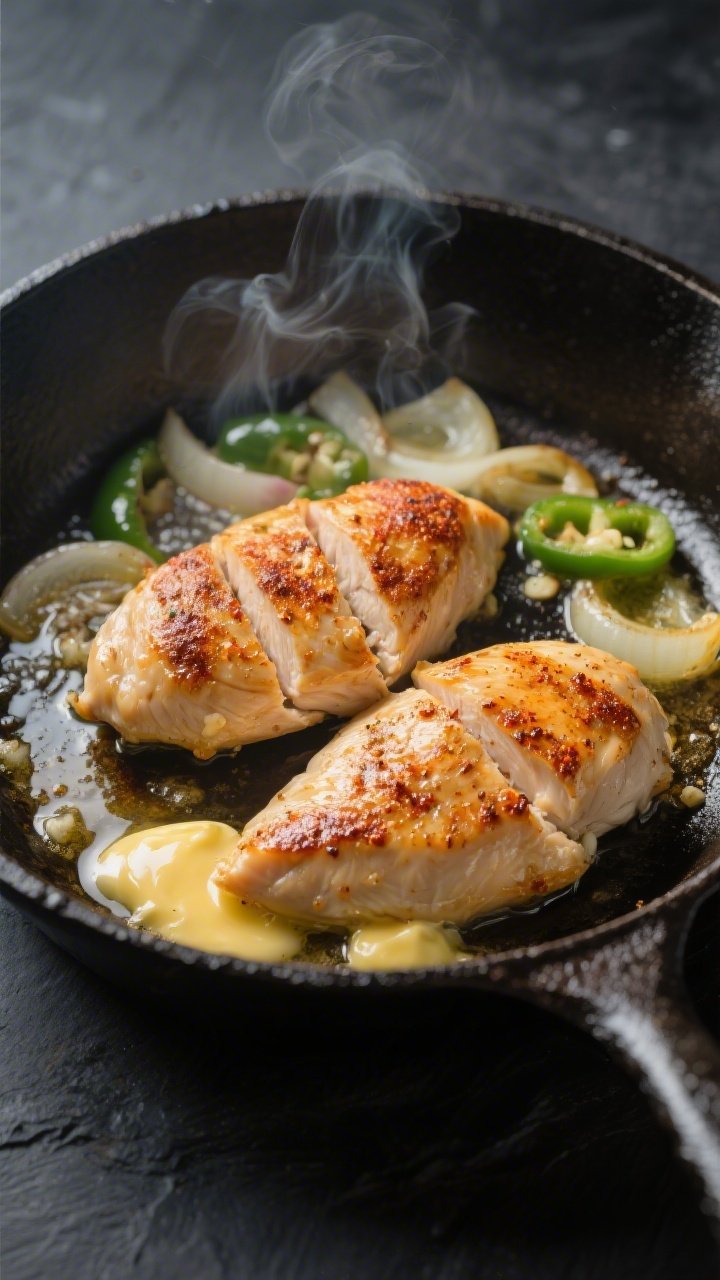 Cooking process, skillet action: Pan-seared chicken breasts in a cast-iron skillet just after flippi