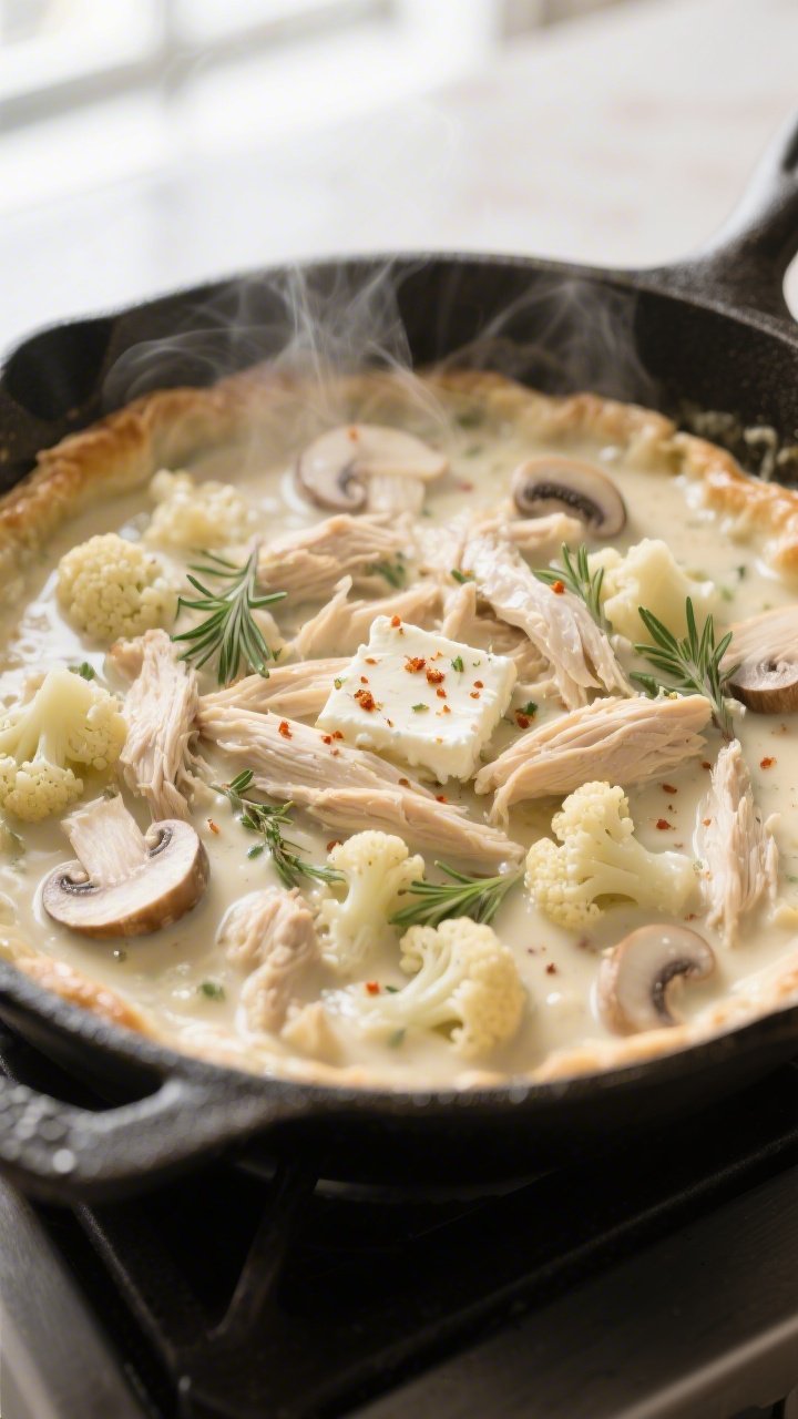 Cooking process, skillet close-up: Creamy keto chicken pot pie filling bubbling in an oven-safe skil