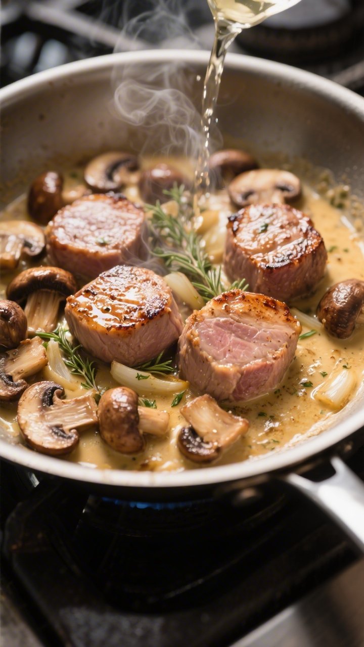 Cooking process, skillet sear and deglaze: Sizzling pork tenderloin medallions nestled among deeply