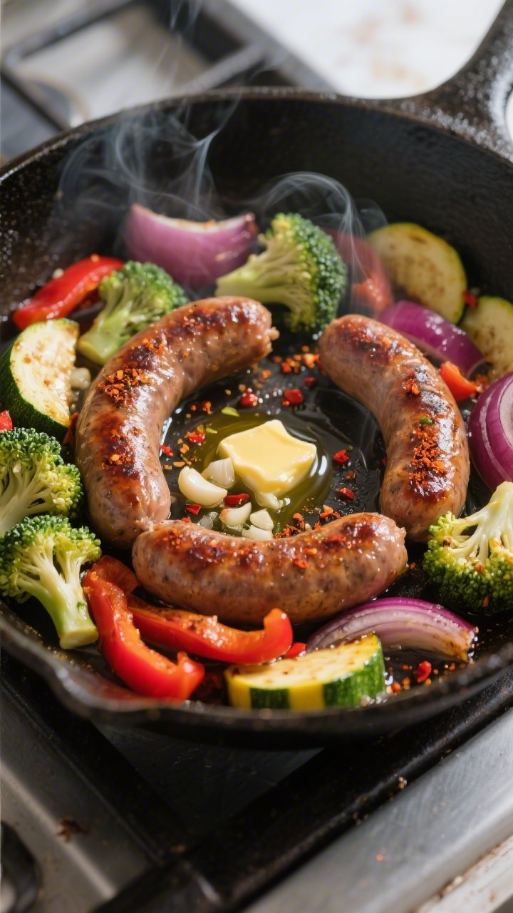Cooking process, skillet sizzle: Close-up of browned sausage rounds tossed back into a hot cast-iron