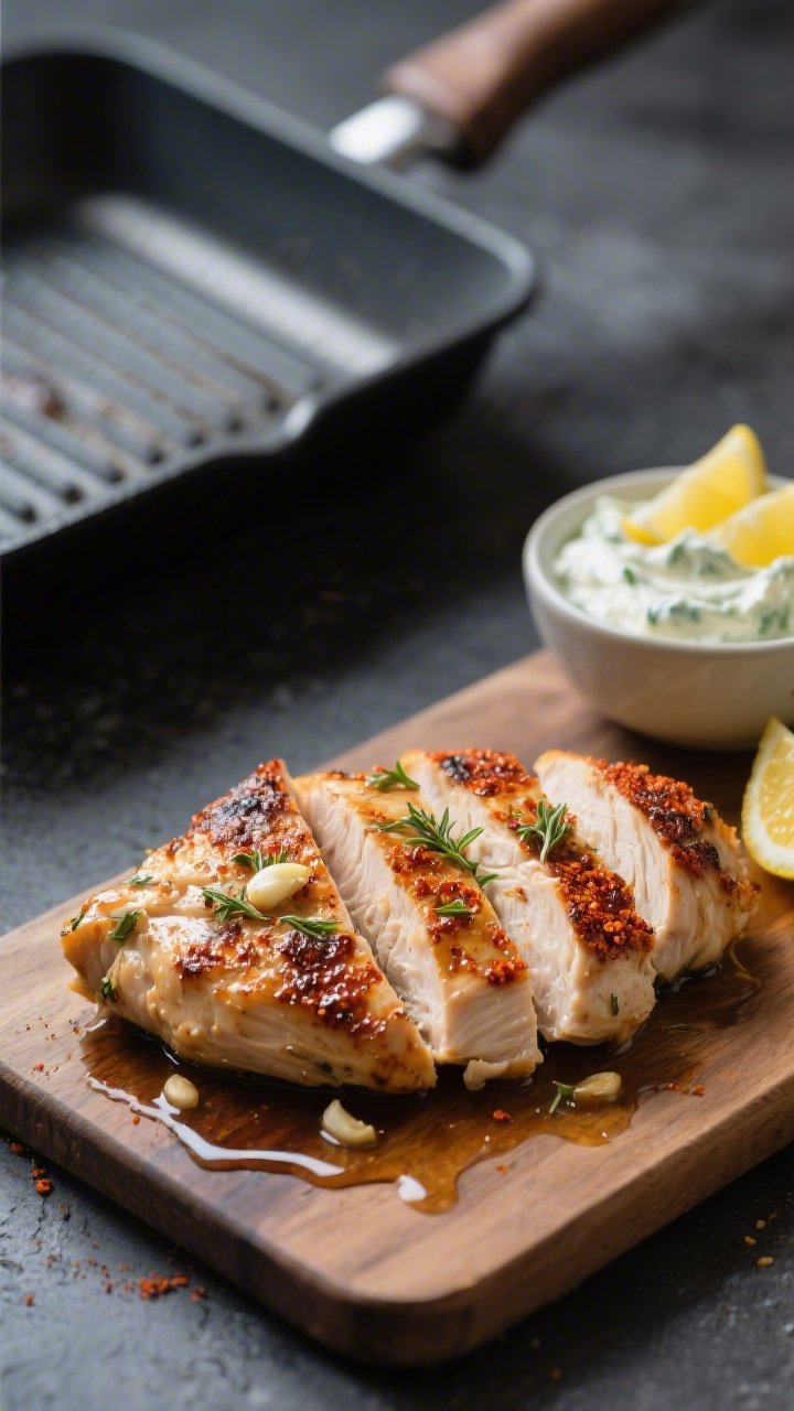 Cooking process: Sliced keto Greek chicken just off a hot grill pan, char-kissed and glistening with