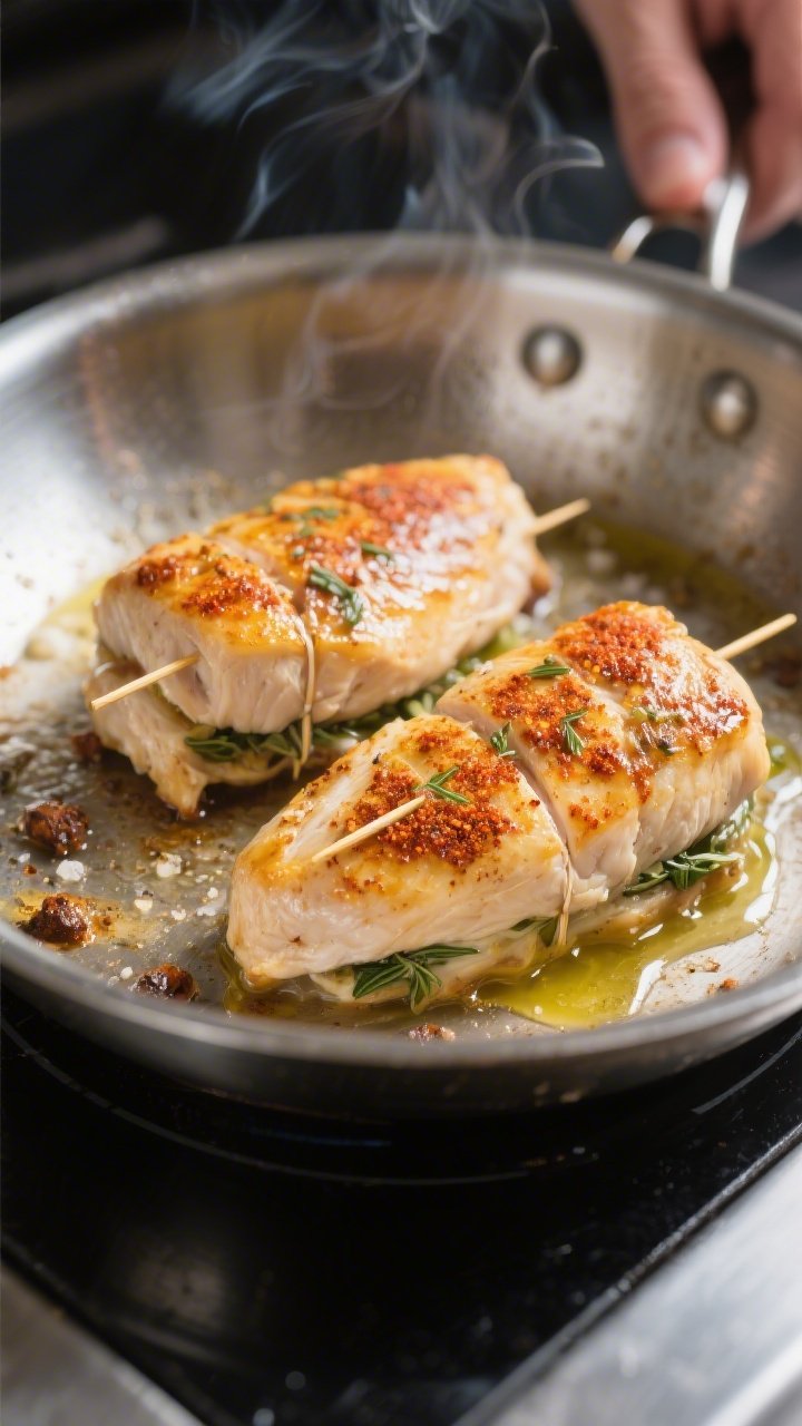 Cooking process: Stuffed chicken breasts being seared in a stainless-steel skillet, golden-brown edg