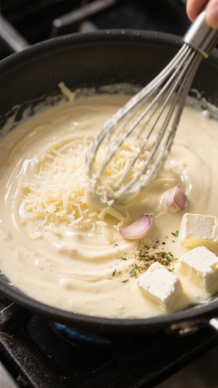Cooking process: The Alfredo sauce being whisked in a skillet at a gentle simmer—heavy cream and m