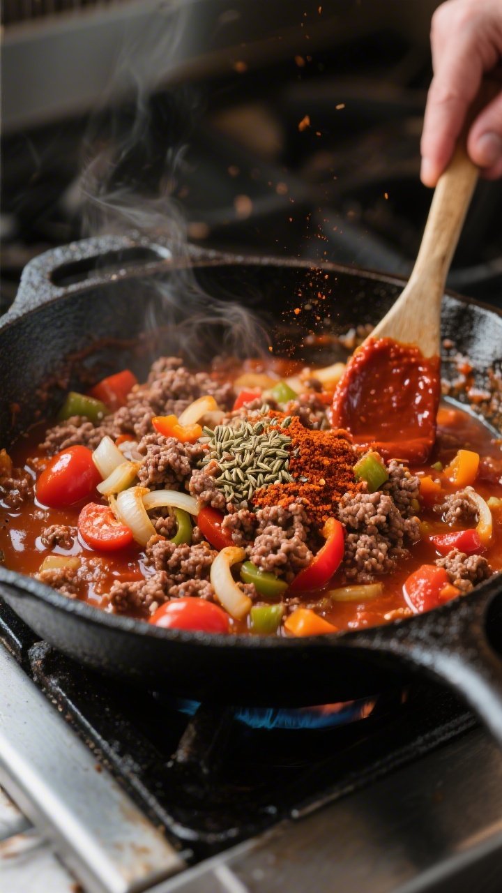 Cooking process: The “bloom the spices” moment in the skillet—cooked, crumbly ground beef with