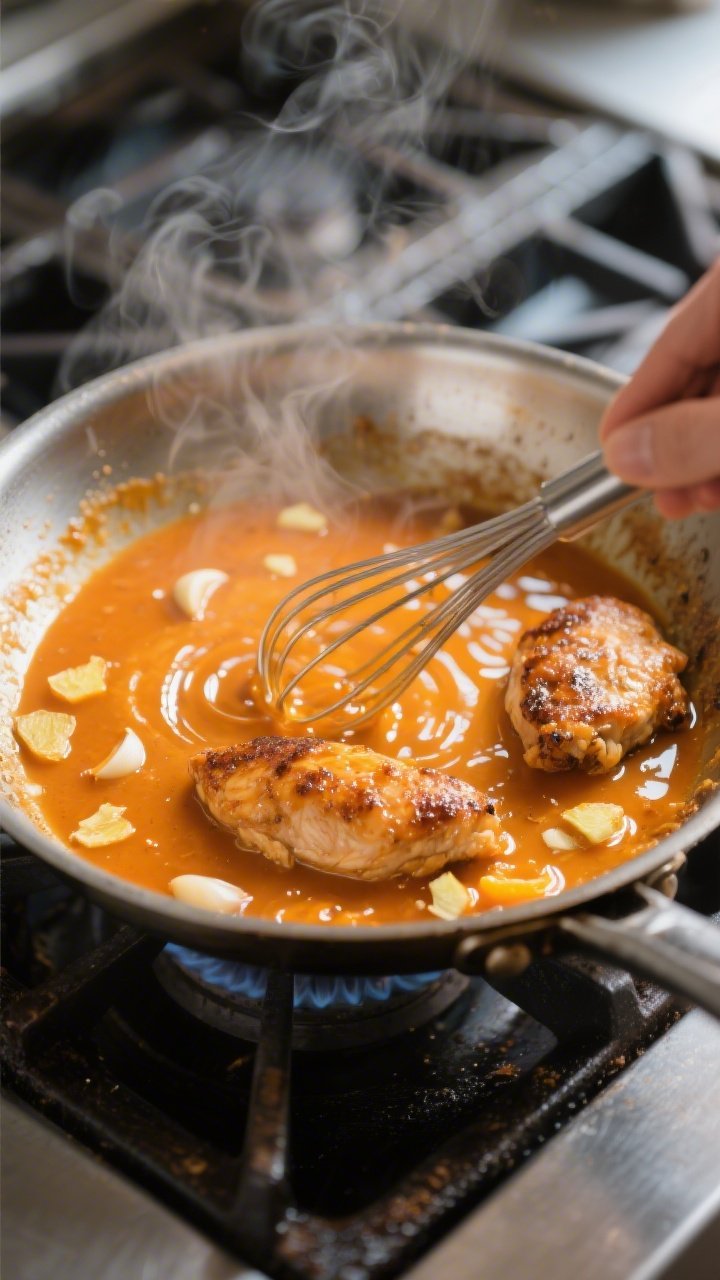 Cooking process: The orange sauce reducing in a stainless skillet to a shiny, syrupy consistency; wh