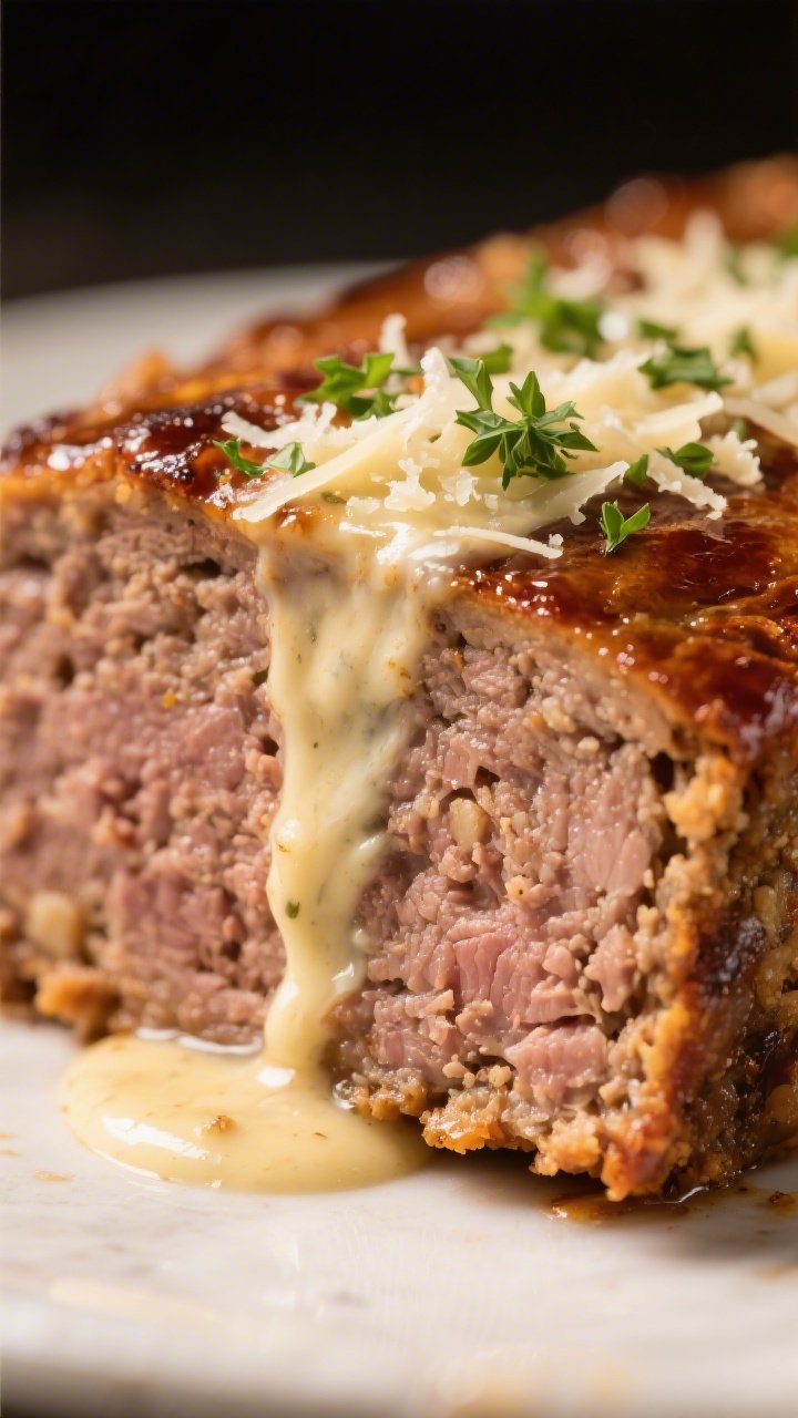 Extreme close-up detail: Macro shot of a single meatloaf slice just after resting, showing the moist
