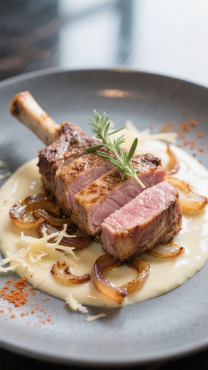 Final dish beauty: Restaurant-quality presentation of one bone-in pork chop sliced slightly to revea