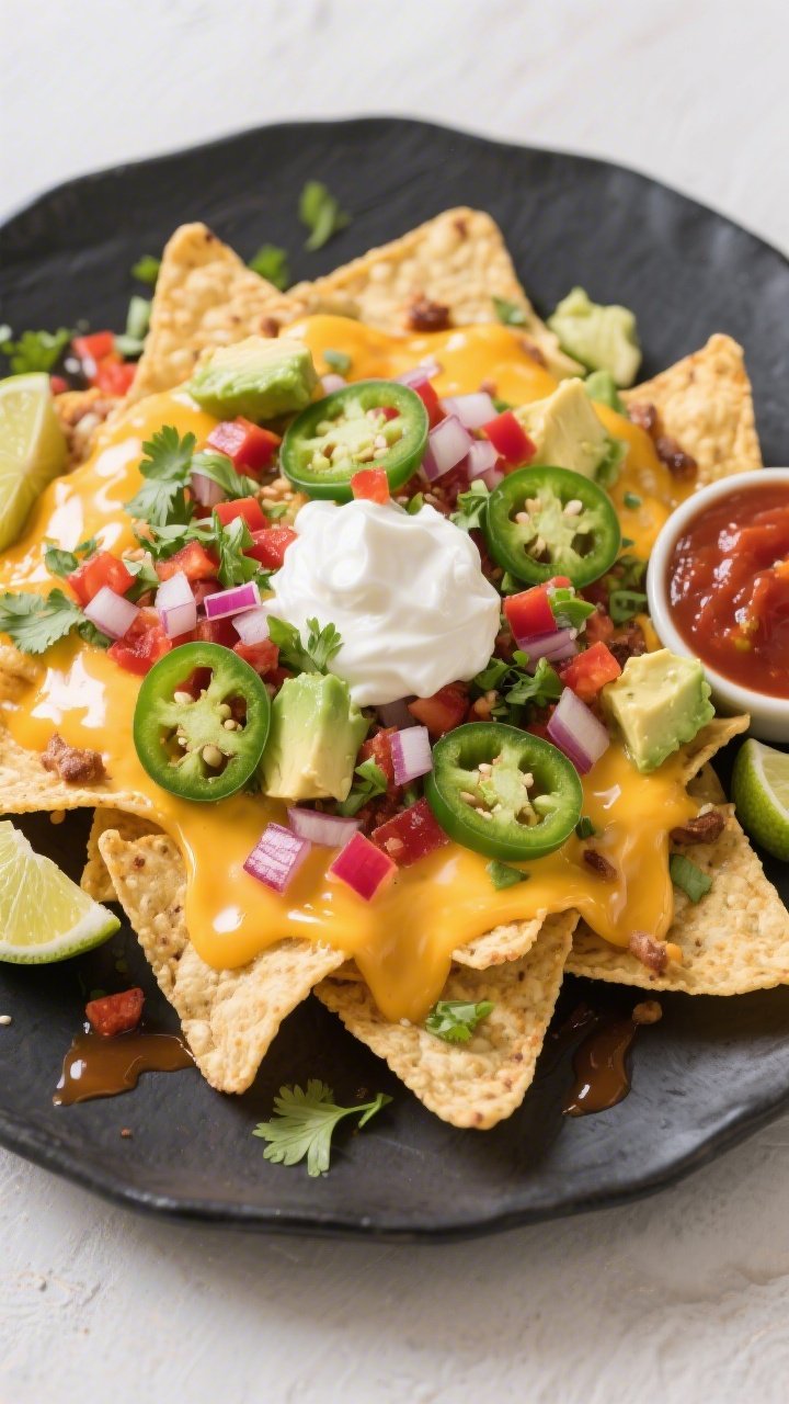 Final dish hero shot: Overhead top view of fully loaded Keto Nachos on a dark platter—melted Jack 